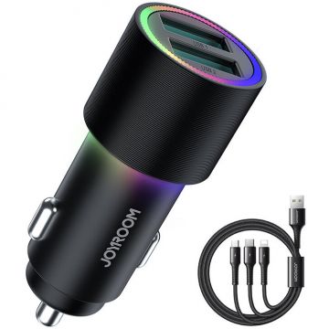 Incarcator JR-CL10, 2 x USB cu iluminare de fundal de 24W si USB tip C / micro USB / Lightning 1.2m, Negru