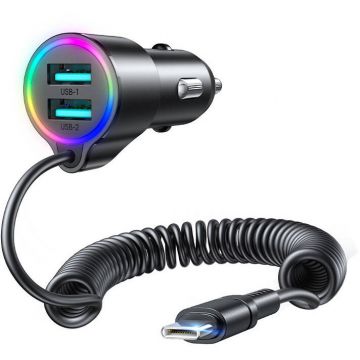 Incarcator JR-CL24, 2xUSB, Cablu USB-C 1.5m, 17W, 3A, iluminat LED, Negru