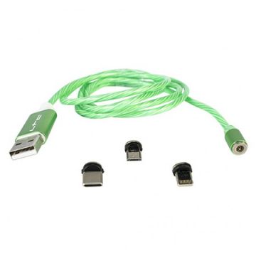 Cablu de incarcare 1m LED verde, 3in1 Tip C/iPhone/micro USB