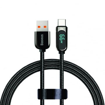 Cablu de incarcare rapid Baseus MicroUSB - USB Type-C, Display LED, 66W, 6A, Negru, 1 m