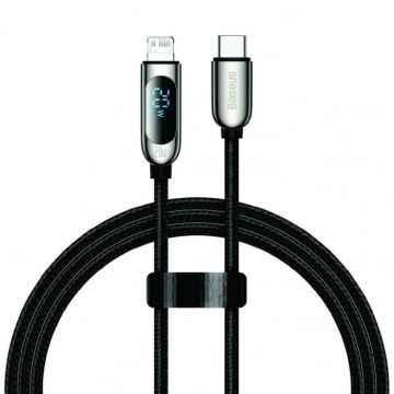 Cablu de incarcare rapid Baseus USB Type-C - Lightning, Compatibil Apple, Display LED, 20W, 9V 2.22A, Negru, 1 m