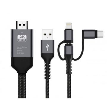 Cablu streaming video 2K iSEN Negru, Compatibil Android iOS, HDMI, Lightning, Type-C, Micro Usb 2m si USB, 1m
