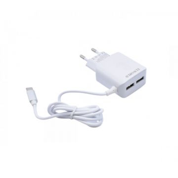 Incarcator de Telefon cu Cablu USB C, Alimentare AC 127 V - 220 V 60Hz – 0,5A, 2 USB, Alb