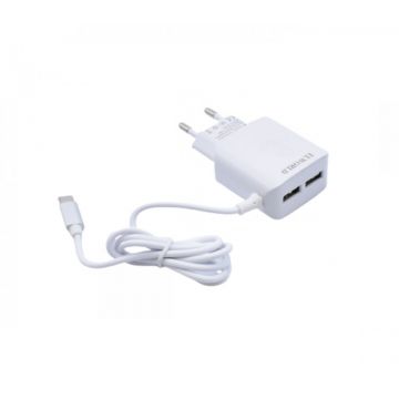 Incarcator de Telefon cu Cablu USB C, Alimentare AC 127 V - 220 V 60Hz – 0,5A, 2 USB.