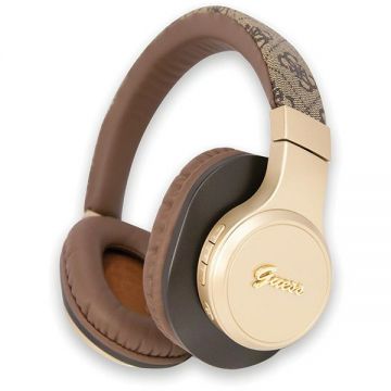 Căști profesionale Bluetooth Guess GUBH604GEMW × 4G, piele maro pu cu logo metalic script