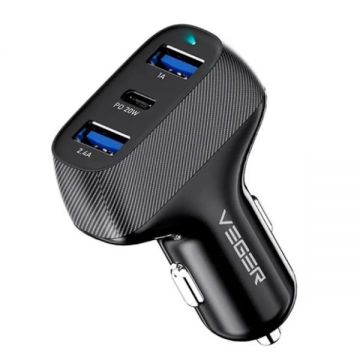 Incarcator auto rapid, 2x USB 2.0 + 1x USB-C negru