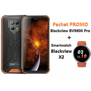 Pachet telefon mobil Blackview BV9800 Pro 4G 6 128 Orange + Smartwatch Blackview X2 Silver