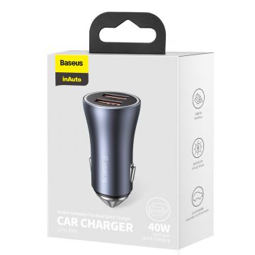 Baseus Car Charger Fast Charging, 2x USB, 40W (Gray)
