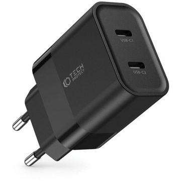 Incarcator C20W, 2x USB-C, Power Delivery 20W, Negru