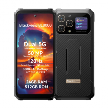 Telefon mobil Blackview BL8000 Gold, 5G, Dual Display, 6.78 2.4K FHD+ 120Hz, 24GB RAM(12GB+12GB), 512GB ROM, Android 13, 50MP, NFC, 8800mAh, 33W, WiFi 6, ArcSoft 8.0, Dual SIM
