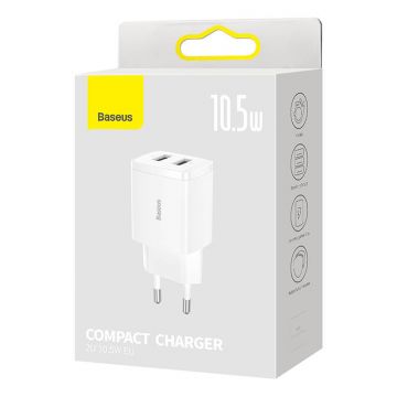 Baseus Compact Charger 2U, 2x USB, 10.5W (White)