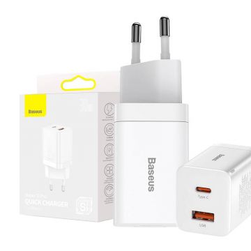 Baseus Charger USB + USB-C 30W (white) - Fast Charging, Compact