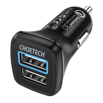 Car Charger Choetech C0051, Black, 30W QC 3.0 Dual Ports