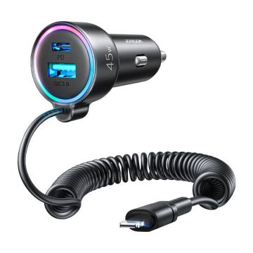 Joyroom Car Charger 3-in-1, 55W + Lightning Cable (Black)