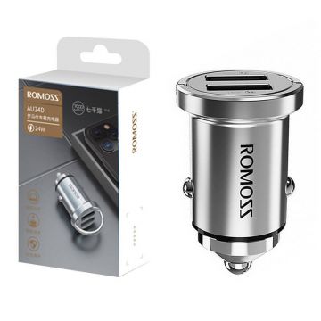 Romoss Car Charger, 2x USB, 24W, Silver.