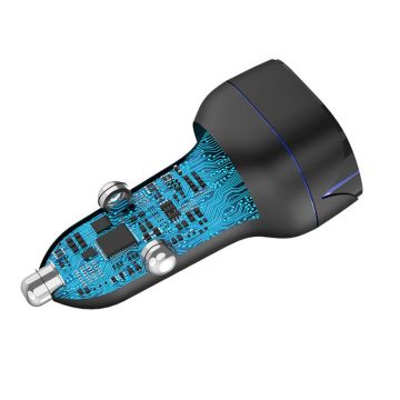 Fast Dual Port Car Charger, USB + USB-C, LED (Black)
