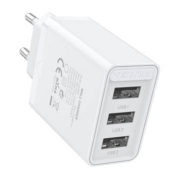 3-Port USB Wall Charger Vention FEAW0-EU, 2.4A (White)