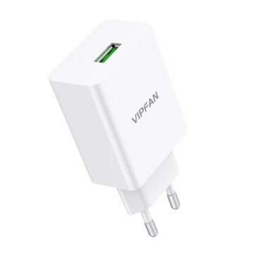 Compact Wall Charger Vipfan E03, 18W, QC 3.0 + Micro USB (white)