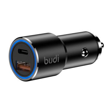 Budi Car Charger 36W, USB + USB-C, Black