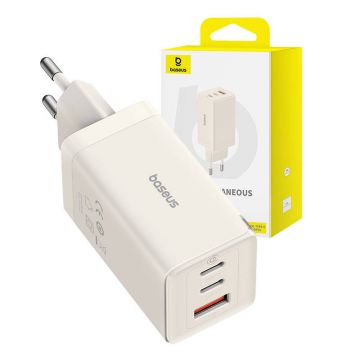 Wall Charger Baseus GaN5 Pro, 2x USB-C + USB, 65W + 1m Cable (White)