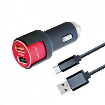 Incarcator auto Qualcomm 3.0 Dual USB MicroUSB 3.1A Negru / Rosu