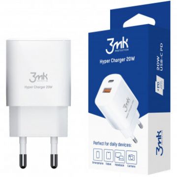 Incarcator Retea HyperCharger 20W 3A 1 x USB-A - 1 x USB-C Alb