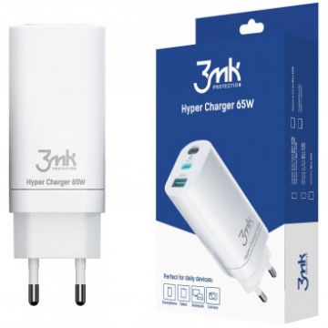 Incarcator Retea HyperCharger 65W 5A 1 x USB-A - 2 x USB-C Alb