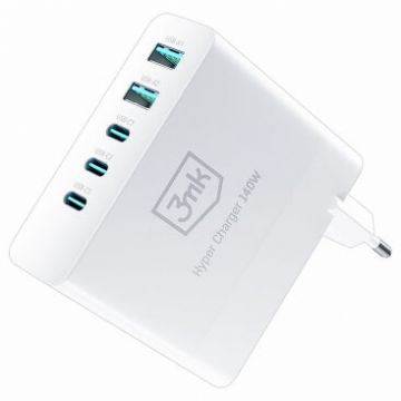 Incarcator Retea HyperCharger GaN 140W 5A 2 x USB-A - 3 x USB-C Alb