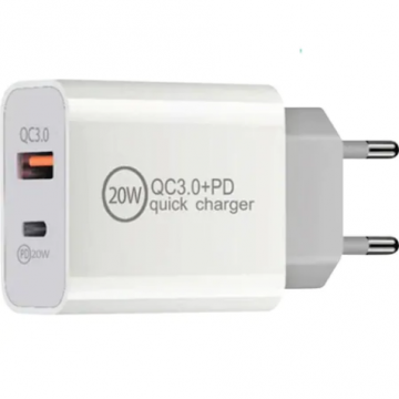Incarcator Retea PD Type-C + USB Quick Charge 20W Alb