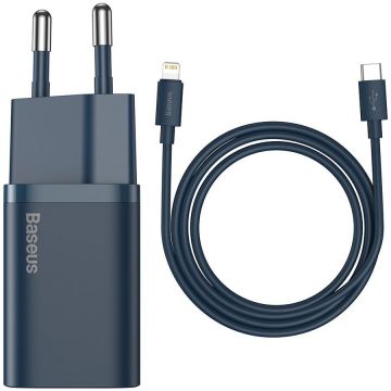 Incarcator Super Si, USB-C, Power Delivery 20W, Cablu Lightning 1m inclus, Albastru