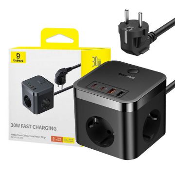 Wall Charger Baseus PowerCombo 3AC+2U+2C 30W, 1.5m (black) - Charger with Multiple Ports and AC Outlets