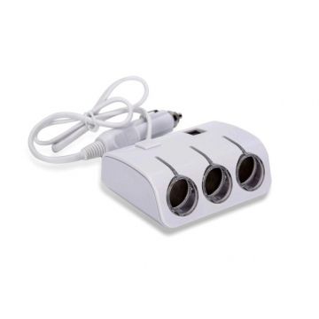 Adaptor Triplu Bricheta Auto, 2 Porturi USB, Buton ON/OFF, Alb