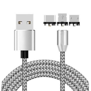 Cablu de Incarcare si Date Magnetic 3 in 1, Type C, Micro USB, Lighting, X-CABLE, 1 metru, Argintiu