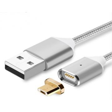 Cablu Micro USB de Incarcare Magnetic Impletit Nylon Argintiu pentru Android