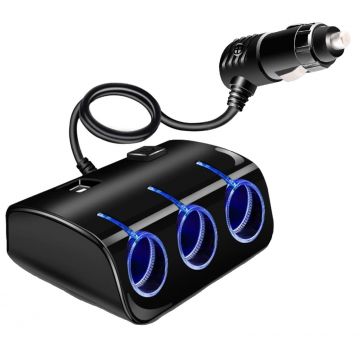 Priza Bricheta Auto Cu 3 Iesiri + 2 USB-uri Pentru Alimentare Dispozitive