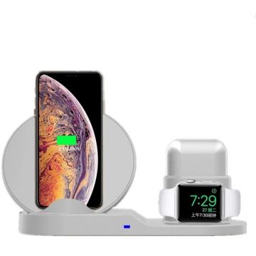 Statie Incarcare Wireless 3 in 1 Conector Lightning Usb/Usb-C Telefon Ceas Casti Alb