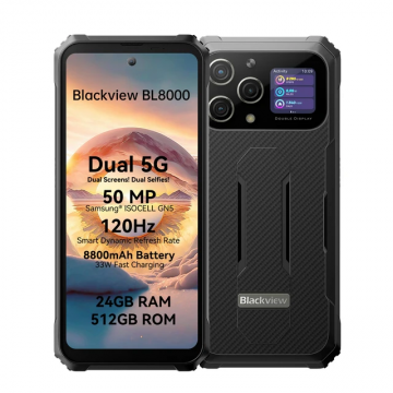 Telefon mobil Blackview BL8000 Black, 5G, Dual Display, 6.78 2.4K FHD+ 120Hz, 24GB RAM(12GB+12GB), 512GB ROM, Android 13, 50MP, NFC, 8800mAh, 33W, WiFi 6, ArcSoft 8.0, Dual SIM