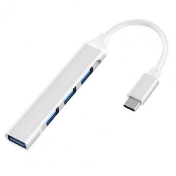 USB HUB Techstar® Diviso, USB Type-C la 4 x USB 3.0, Aluminium, Compact, Usor, OTG, Argintiu
