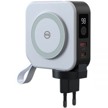 Acumulator extern Travel Charger, 10000 mAh, USB/USB-C, Cablu USB-C si Lightning integrate, Alb