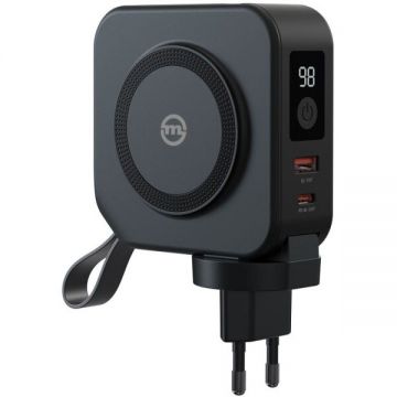 Acumulator extern Travel Charger, 10000 mAh, USB/USB-C, Cablu USB-C si Lightning integrate, Negru