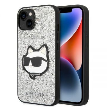 Husa Karl Lagerfeld pentru iPhone 14 Plus, argintie, cu sclipici.