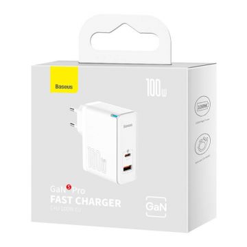 Încărcător De Rețea Baseus Gan5 Pro Usb-c + Usb, 100 W + Cablu De 1m (alb)