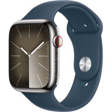 Telefon mobil Watch Series 9, Smartwatch (silver/blue, stainless steel, 45 mm, sports strap, cellular)