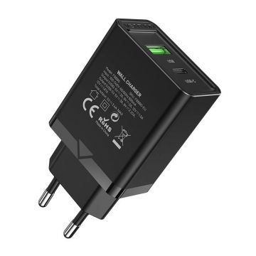 Încărcător de perete Eu Usb-a(18w) Usb-c(20w), 2.4a Pd3.0 (negru)