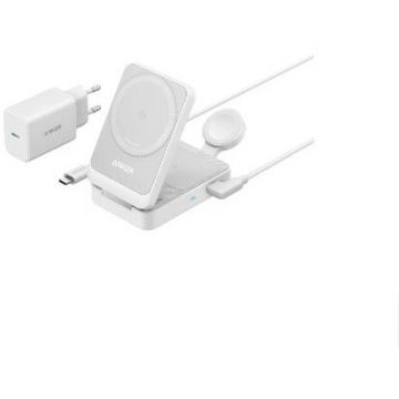 Incarcator Wireless Magnetic MagGo 3-in-1 MagSafe Compatibil 15W Qi2 Certificat Pliabil Incarcator si Cablu USB-C Inclus Alb