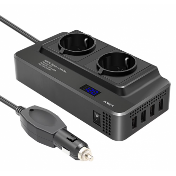 Invertor de putere cu unda sinusoidala iSEN 8300, Negru, 200W, DC12V la AC220V, Afisaj LCD, 2 prize AC EU, 4 Porturi USB cu Incarcare rapida