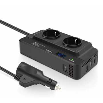 Invertor de Tensiune de la Priza Auto iSEN 8300-2, 24V la Priza EU Dubla 230V, Putere 200W, 2 x Porturi USB, 5.4A, Suport PD, Afisaj Digital
