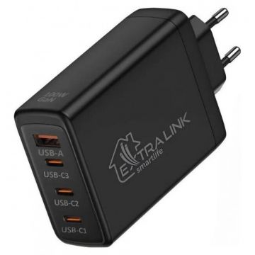 Incarcator Retea Smart Life Fast Charger 100W GaN 3x USB-C USB-A Negru
