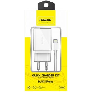 Incarcator Retea K300 Fast Charger 1x USB 3A + Cablu USB la Lightning Alb