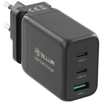 Incarcator Retea TLL151451 GaN 65W 2xUSB-C + USB-A EU/UK/US Negru